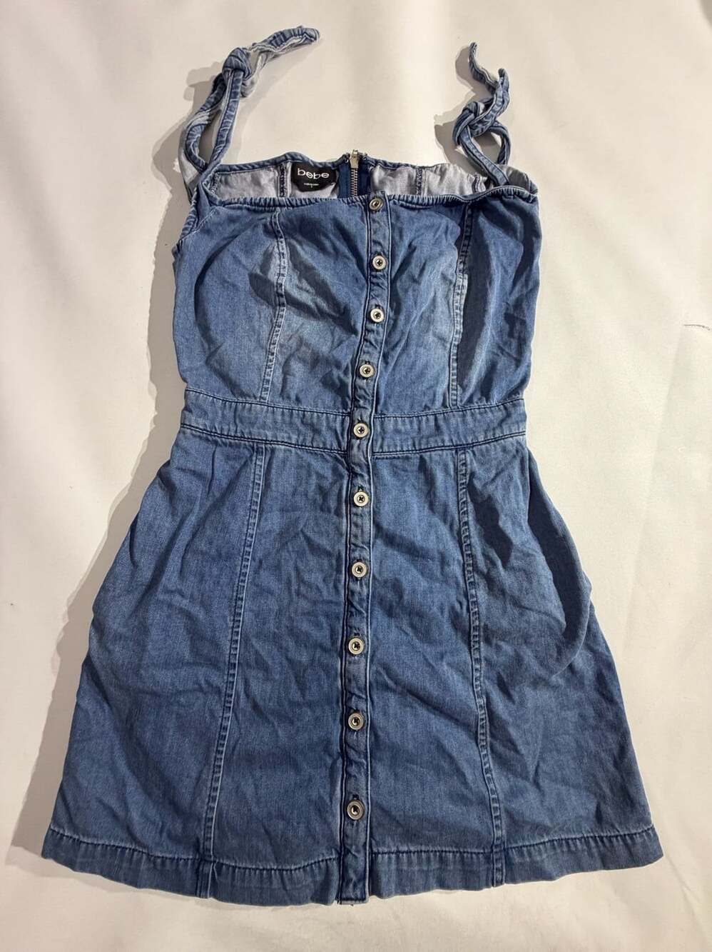 Bebe Blue Denim Button Up Tie Strap Mini Dress Womens Size 2
